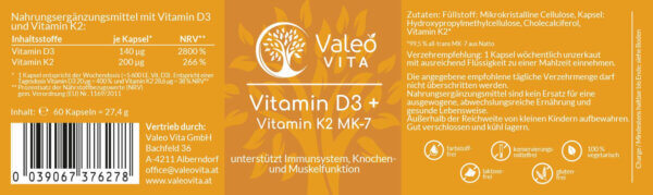 Valeo Vita Vitamin D3+K2 Kapseln Etikett