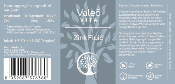 Valeo Vita Zinkfluid Etikett